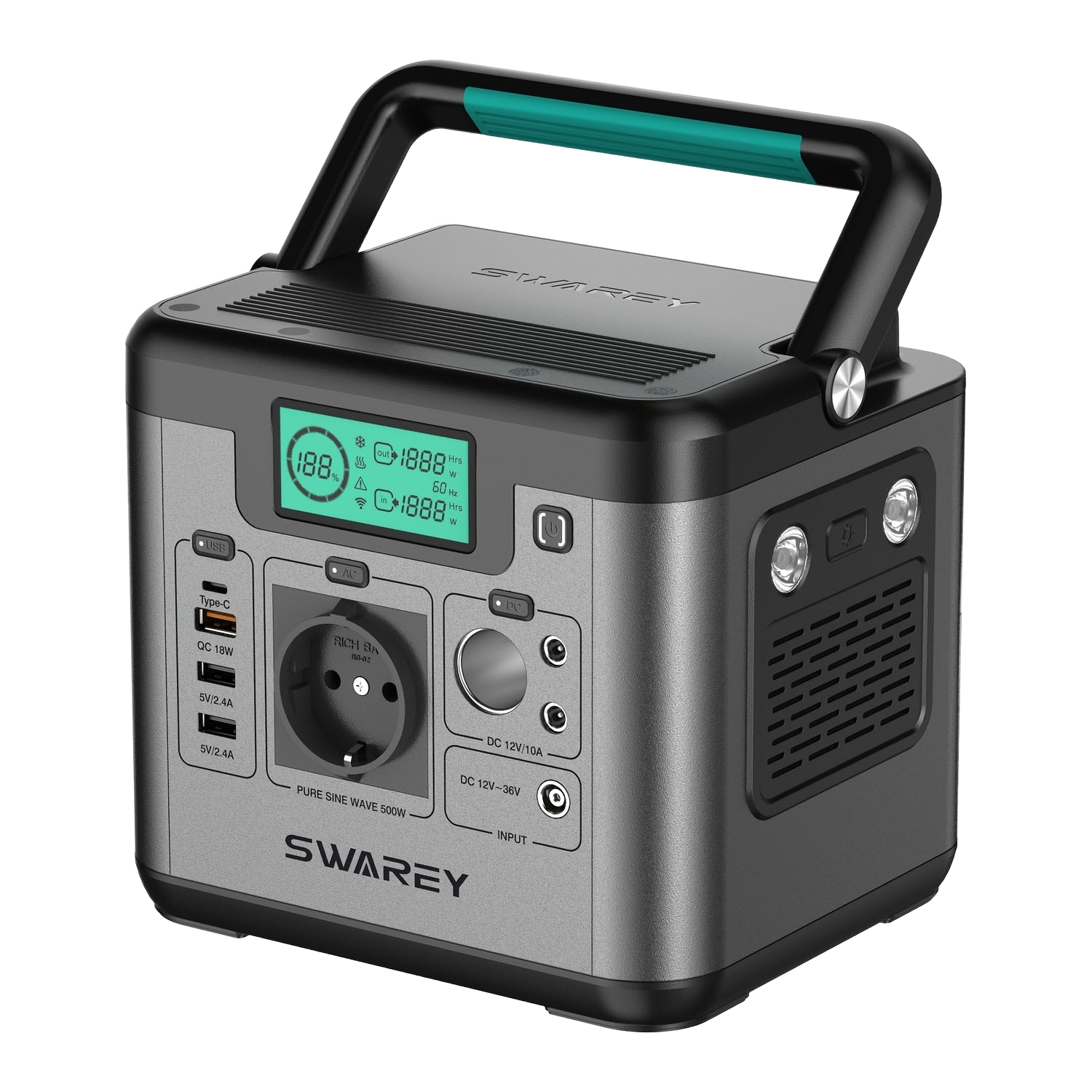 Image from SWAREY Portable Power Bank, Power Station 518 Wh, Solar Generator 500 W AC Output, 65 W USB-C Port, Power Generator Battery for Party, Travel, Camping, Motorhome, Emergency - Copy