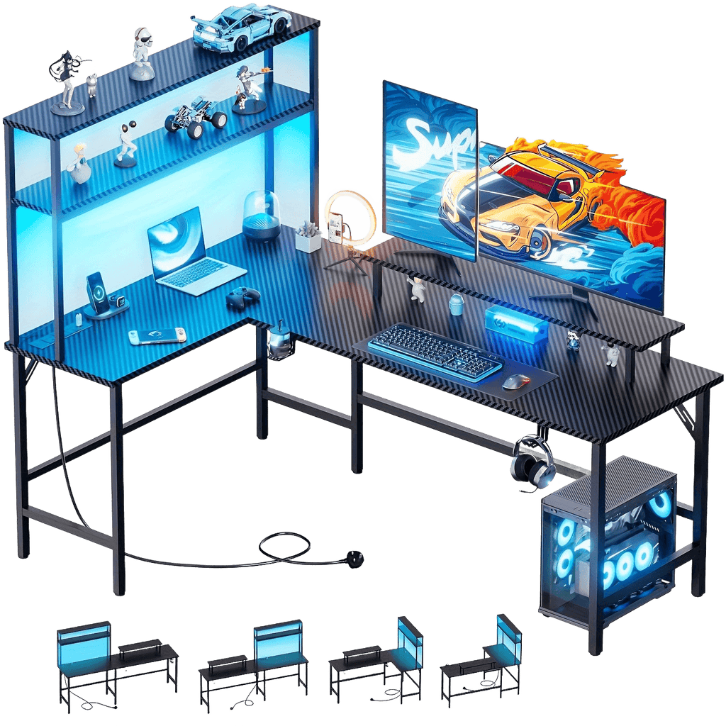 L-shaped Gaming Desk With 3 Power Outlets And 2 USB Ports Reversible - TKINGS