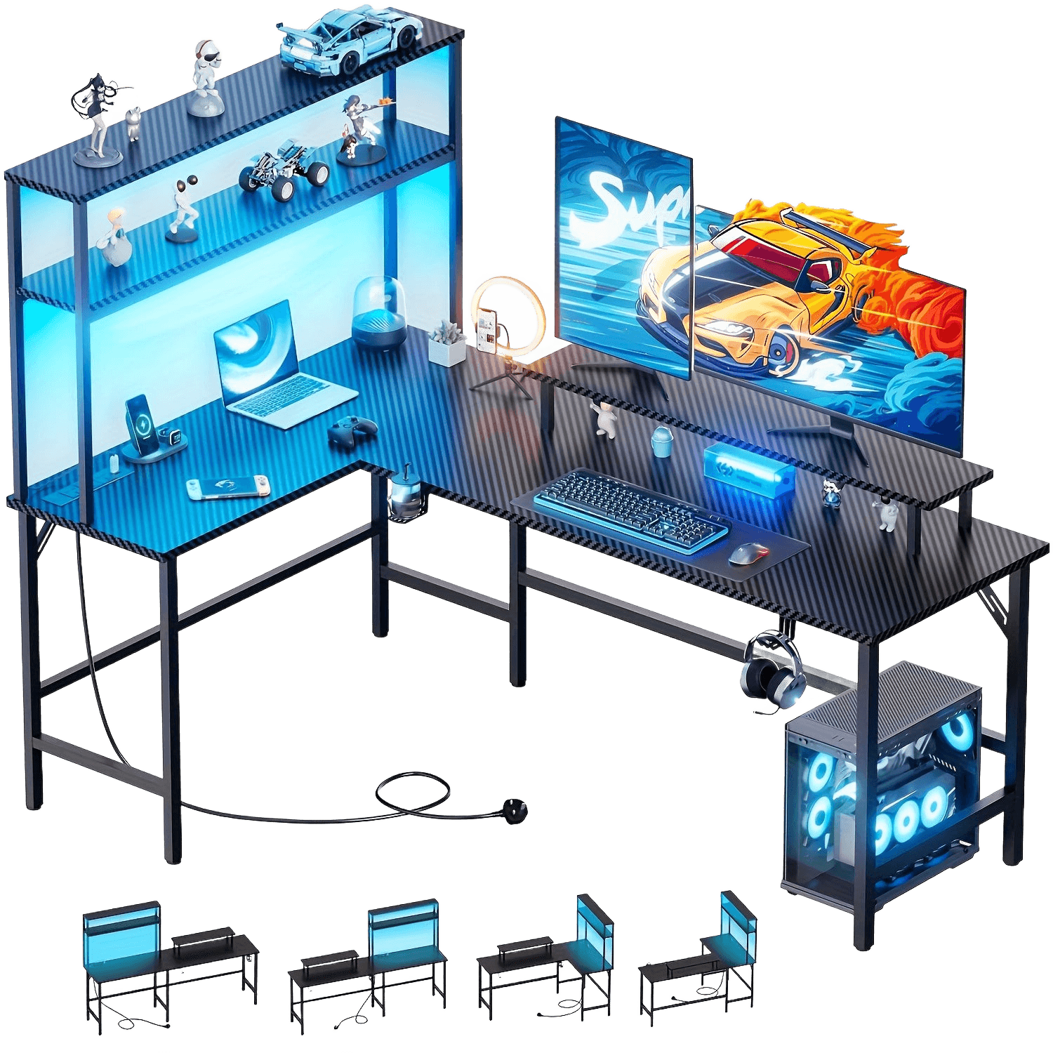L-shaped Gaming Desk With 3 Power Outlets And 2 USB Ports Reversible - TKINGS