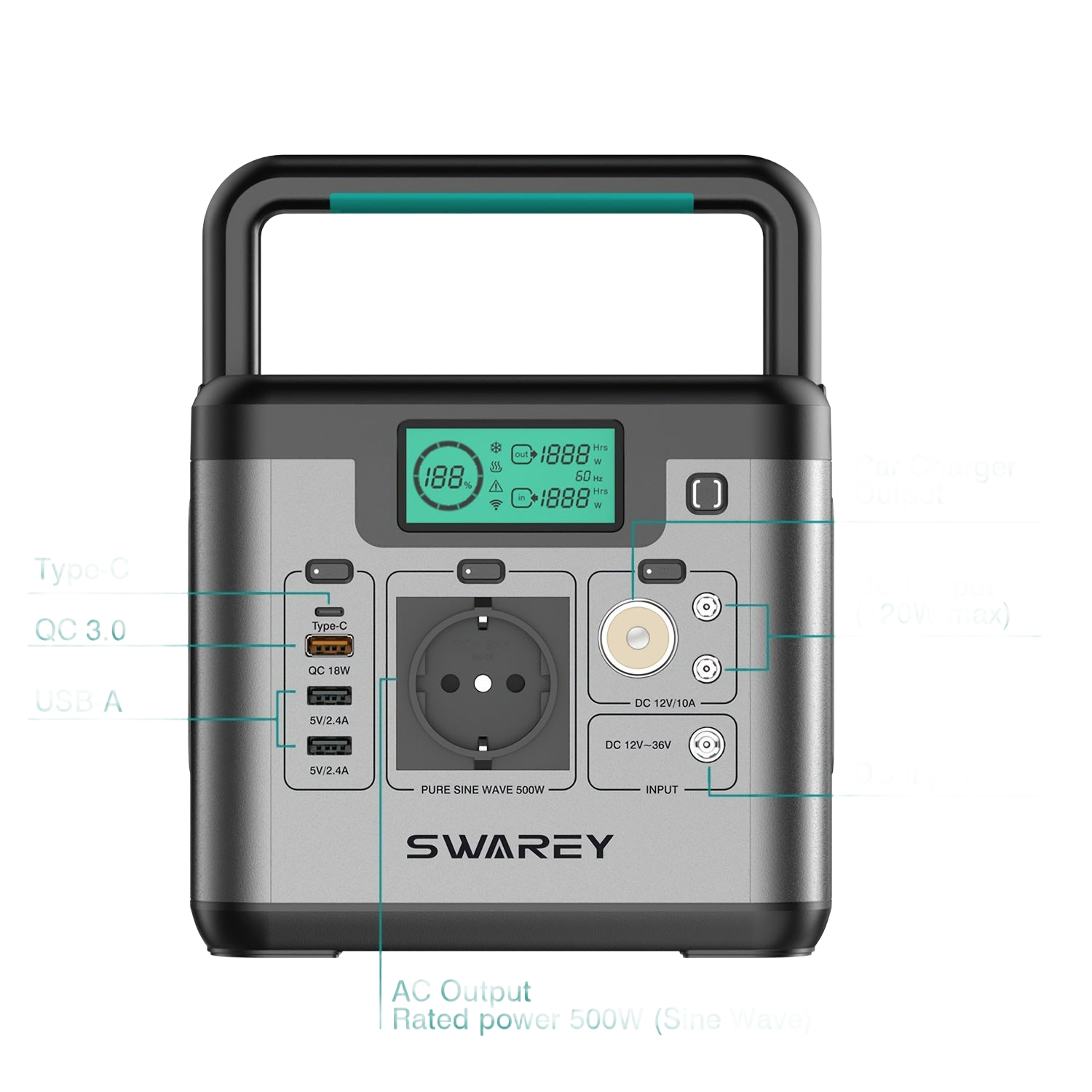 Image from SWAREY Portable Power Bank, Power Station 518 Wh, Solar Generator 500 W AC Output, 65 W USB-C Port, Power Generator Battery for Party, Travel, Camping, Motorhome, Emergency - Copy