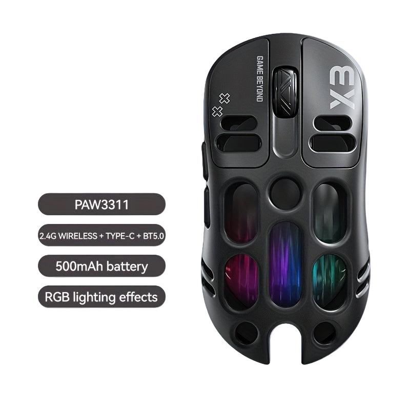 Image from T-WOLF Wolf X3 Gaming Mouse - Wireless 3-in-1 Wireless, RGB Lights, Dual-Color Scheme, High-Resolution Sensor, USB & Type-C Charging, Durable Plastic for PC Gaming & Typing, Sleek Design, Rechargeable Battery - Copy