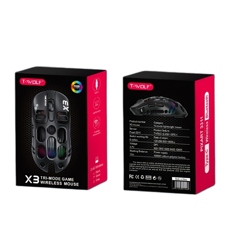 Image from T-WOLF Wolf X3 Gaming Mouse - Wireless 3-in-1 Wireless, RGB Lights, Dual-Color Scheme, High-Resolution Sensor, USB & Type-C Charging, Durable Plastic for PC Gaming & Typing, Sleek Design, Rechargeable Battery - Copy