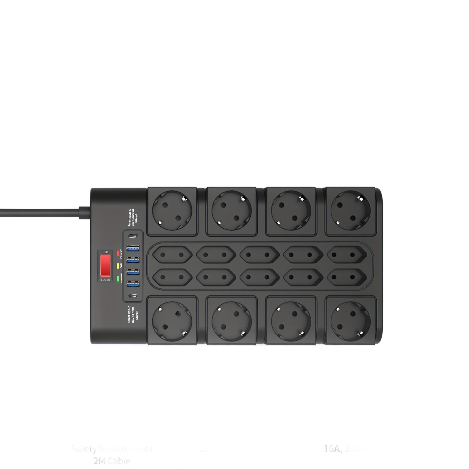 Image from Power Board 3680W/16A, Multiple Power Boards With 18 AC Sockets, 4 USB-A Ports, And 2 USB-C, Anti-theft Plug With Status Indicator Light And Overvoltage Protection 2M Cable - Copy