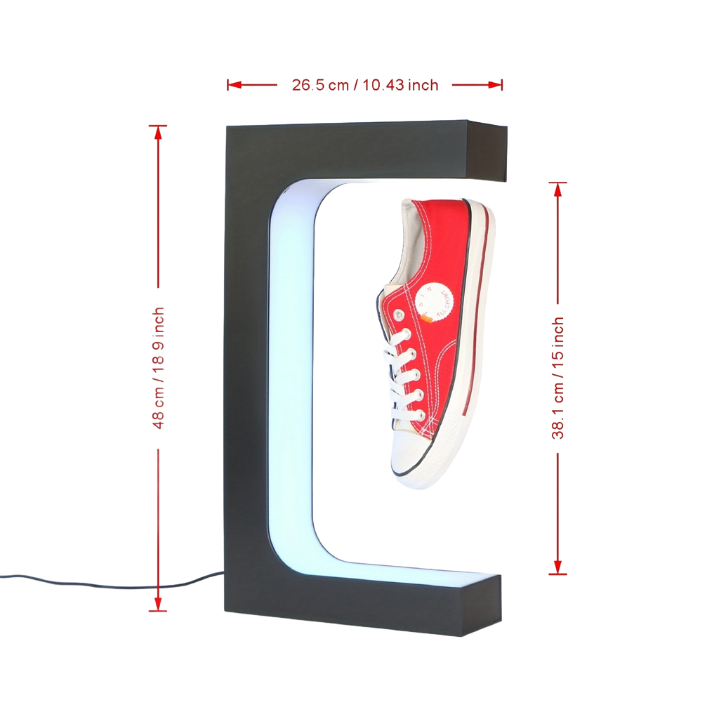 Image from Rontion Magnetic Levitation Shoe Display Stand | Classic Black Plastic with LED Lighting | Floating Sneaker Holder for Home Decor | 110-240V EU Plug | Modern European Design, Ambient Lighting | Modern Sneaker Display | Plasti - Copy